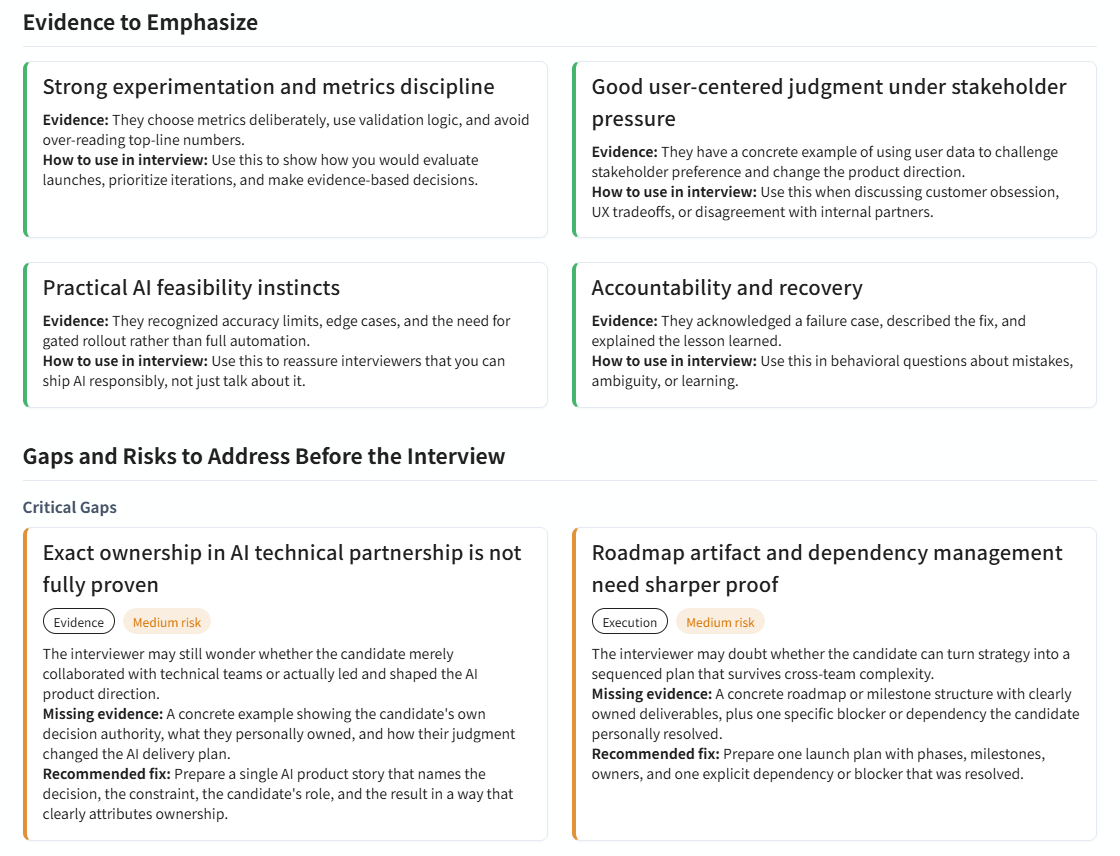Evidence to Emphasize and Gaps and Risks to Address Before the Interview.
