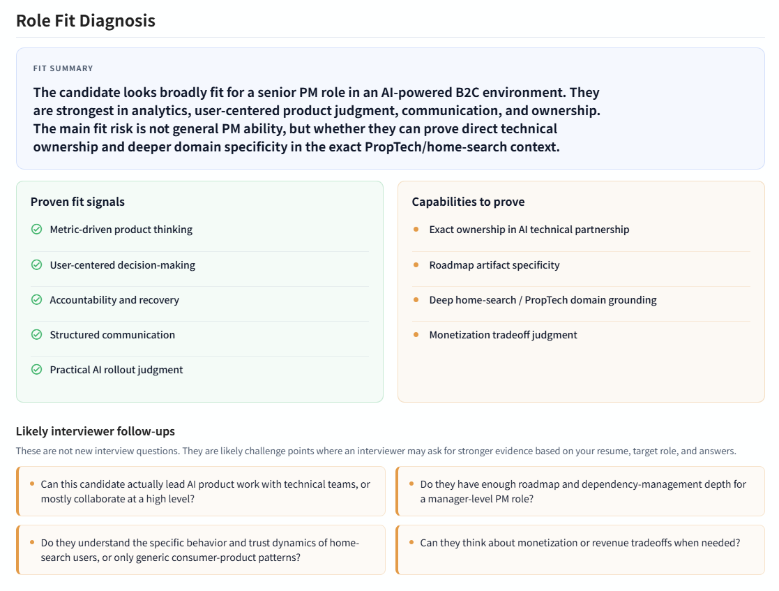 Role Fit Diagnosis with a fit summary, proven signals, capabilities to prove, and likely interviewer follow-ups.